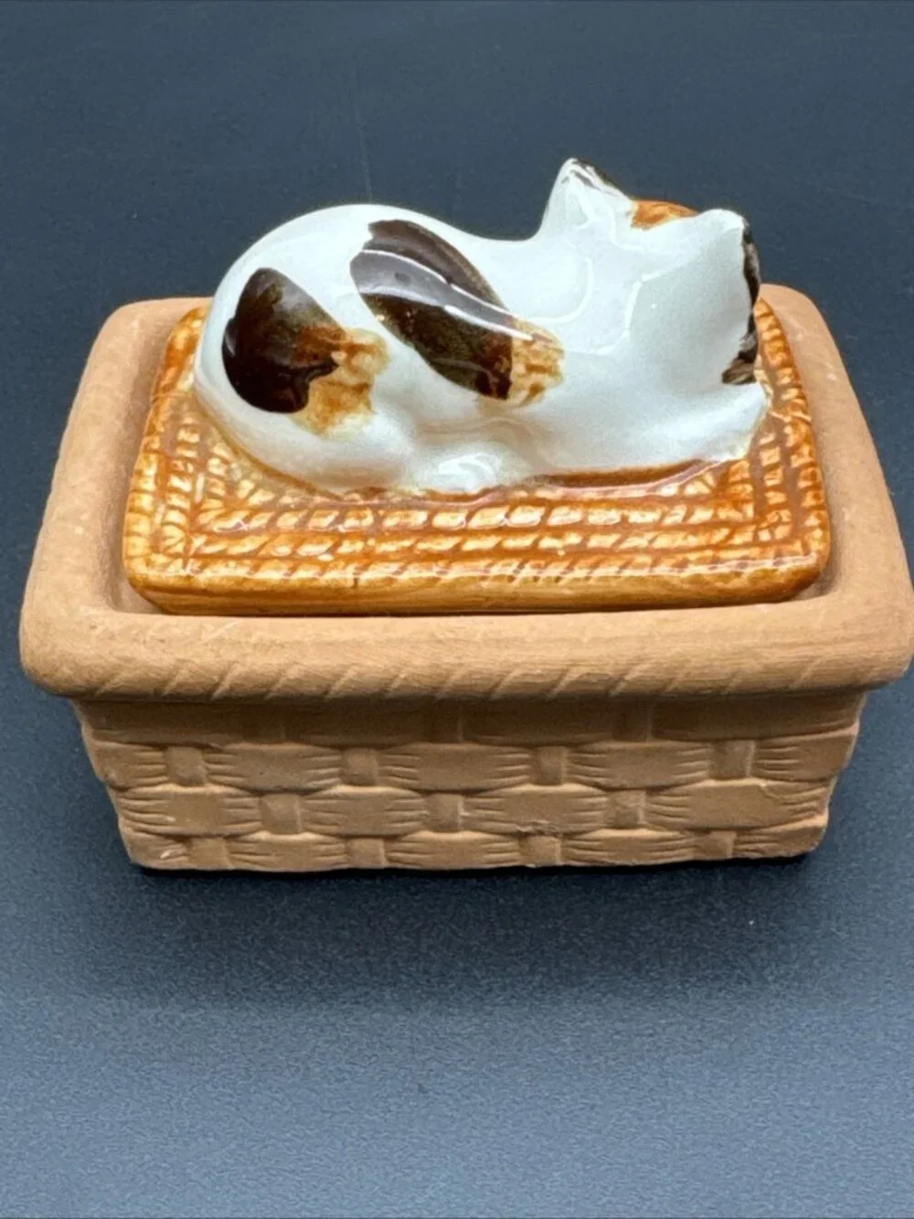 Vintage Ceramic Calico Cat Kitty On Nest Trinket Box Cottagecore